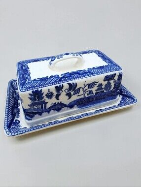 Vintage Blue Willow Rectangular Butter Dish Ceramic